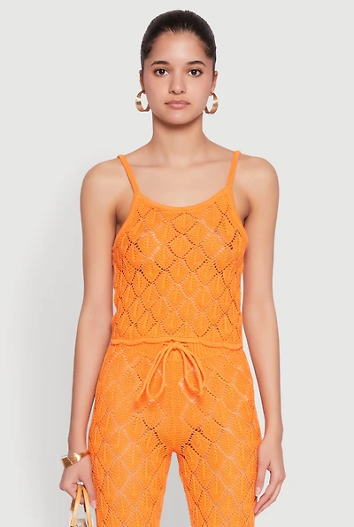 Womens Crochet Diamond Knit Cami, Orange, Size L