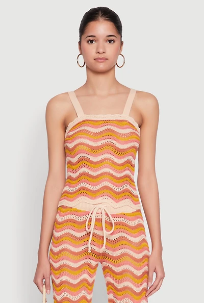 Womens Wavy Striped Crochet Crop Top, Orange, Size S