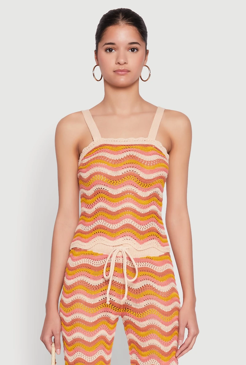 Womens Wavy Striped Crochet Crop Top, Orange, Size XL