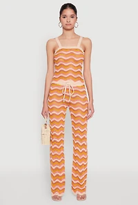 Womens Wavy Striped Crochet Crop Top, Orange, Size M
