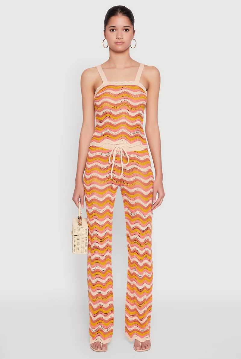 Womens Wavy Striped Crochet Crop Top, Orange, Size XL