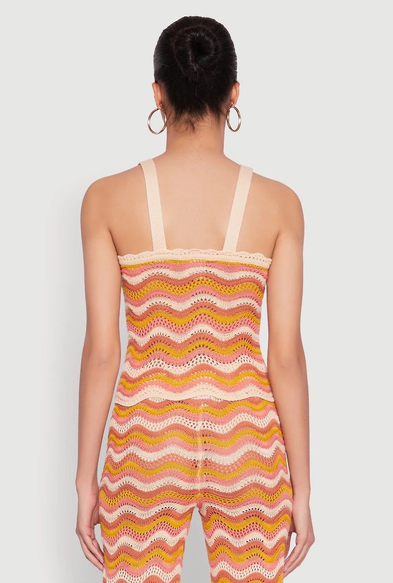 Womens Wavy Striped Crochet Crop Top, Orange, Size XL