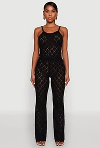 Womens Crochet Diamond Knit Pants, Black, Size L