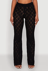 Womens Crochet Diamond Knit Pants, Black, Size L