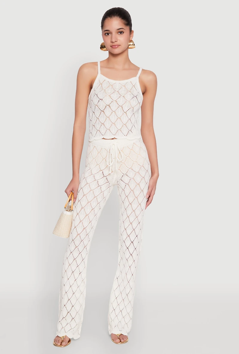 Womens Crochet Diamond Knit Pants, White, Size L