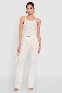 Womens Crochet Diamond Knit Pants, White, Size L
