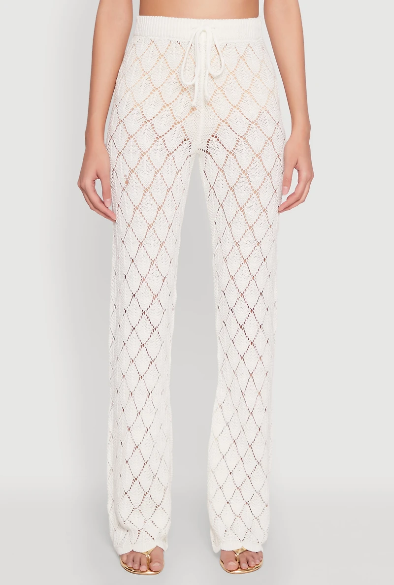 Womens Crochet Diamond Knit Pants, White, Size L