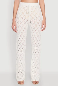 Womens Crochet Diamond Knit Pants, White, Size L
