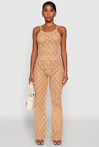 Womens Crochet Diamond Knit Pants, Khaki,