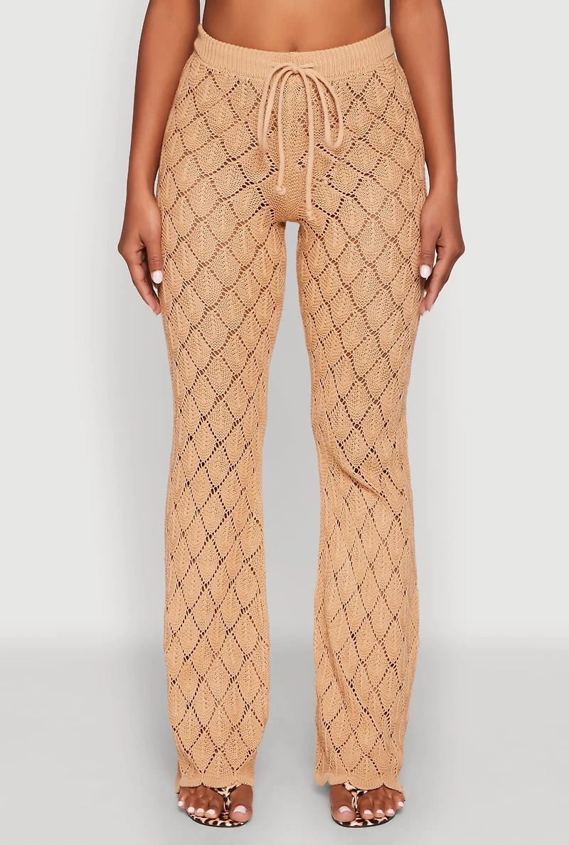 Womens Crochet Diamond Knit Pants, Khaki, Size L