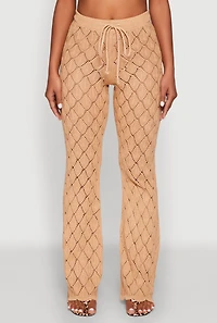 Womens Crochet Diamond Knit Pants, Khaki, Size L