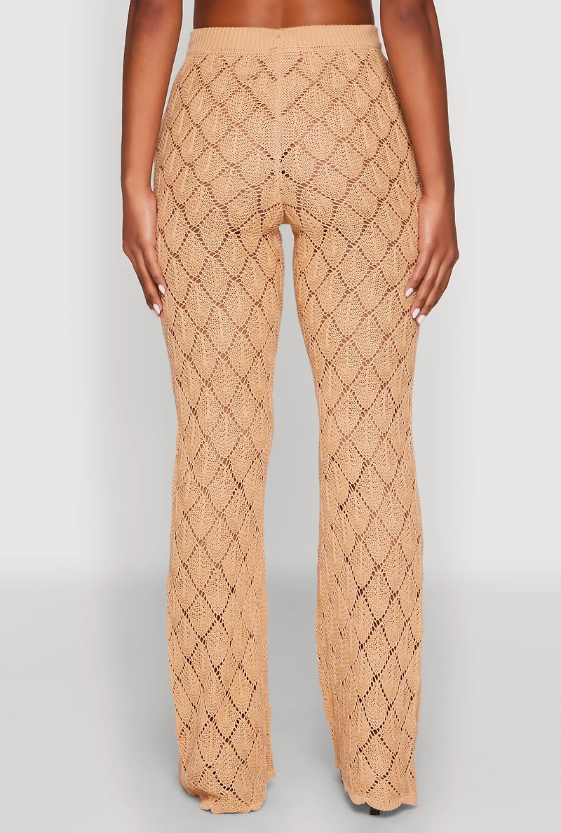 Womens Crochet Diamond Knit Pants, Khaki, Size L