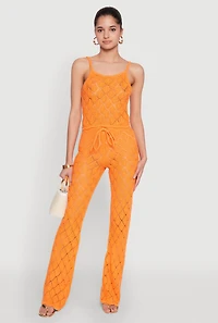 Womens Crochet Diamond Knit Pants, Orange, Size M