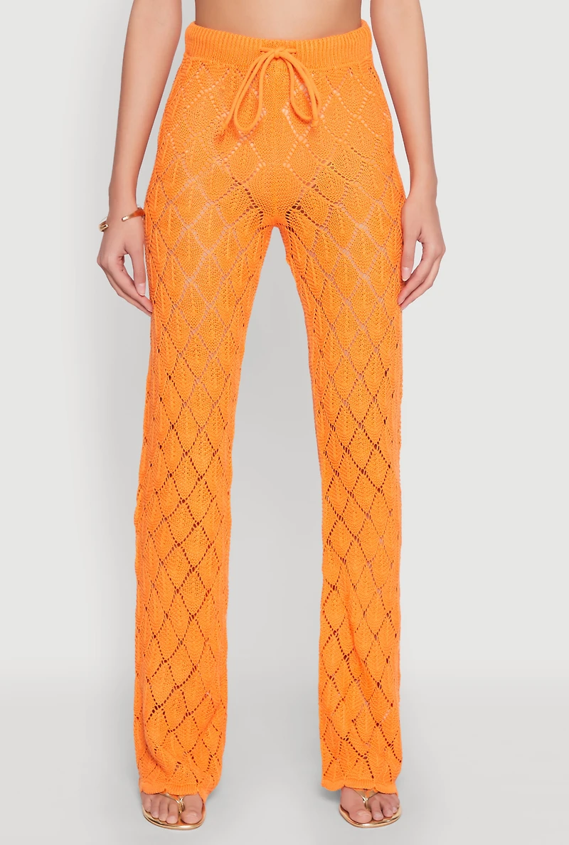 Womens Crochet Diamond Knit Pants, Orange, Size M