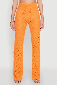 Womens Crochet Diamond Knit Pants, Orange, Size M