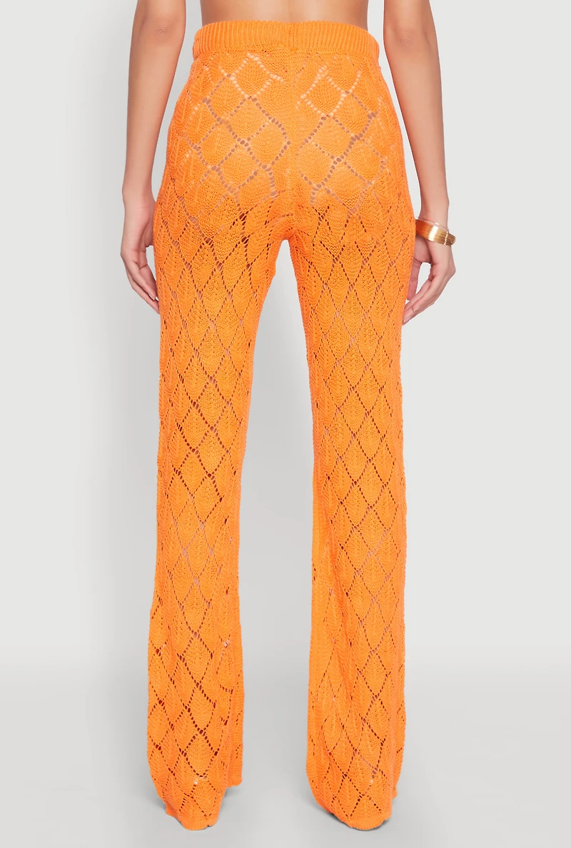 Womens Crochet Diamond Knit Pants, Orange, Size M