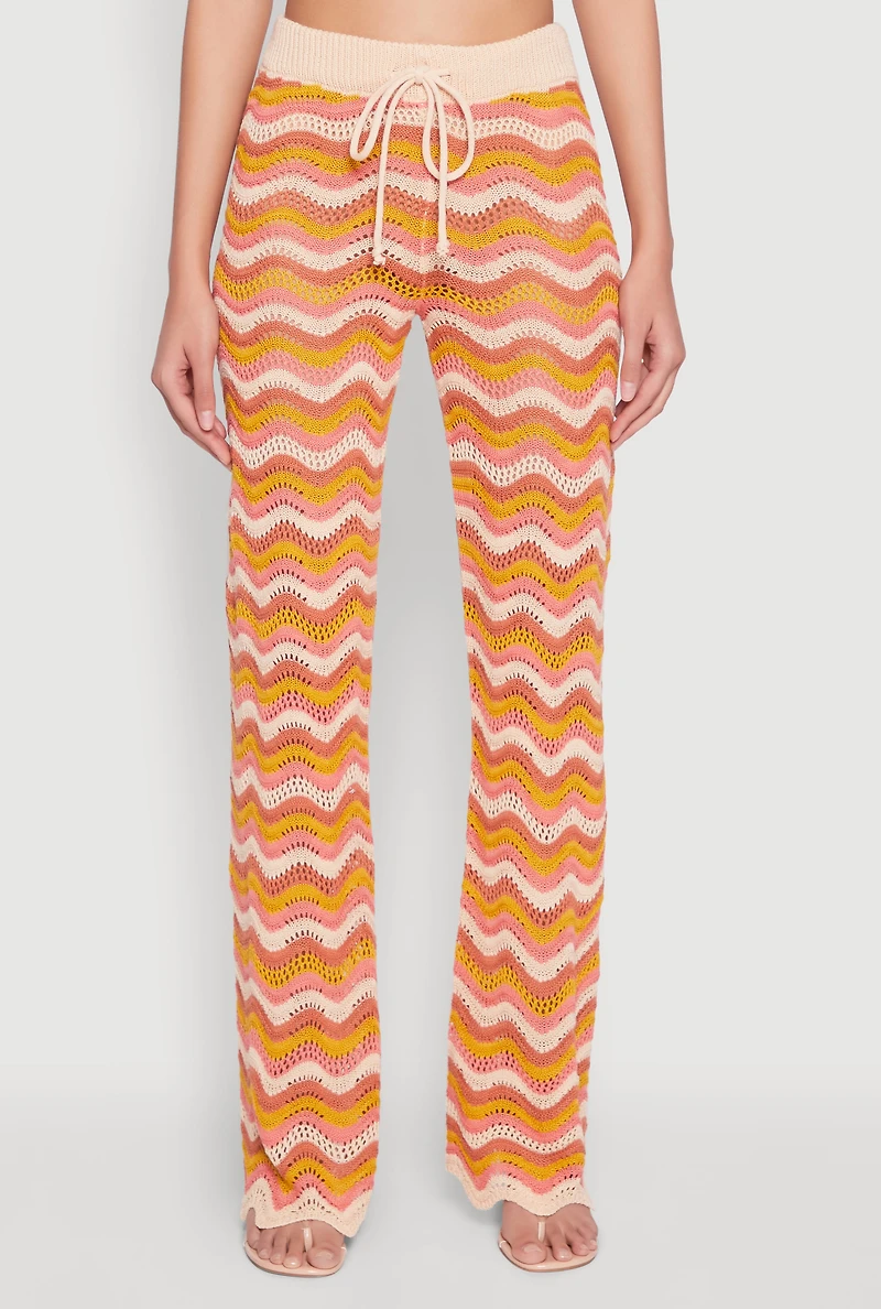 Womens Wavy Striped Crochet Pants, Orange, Size L