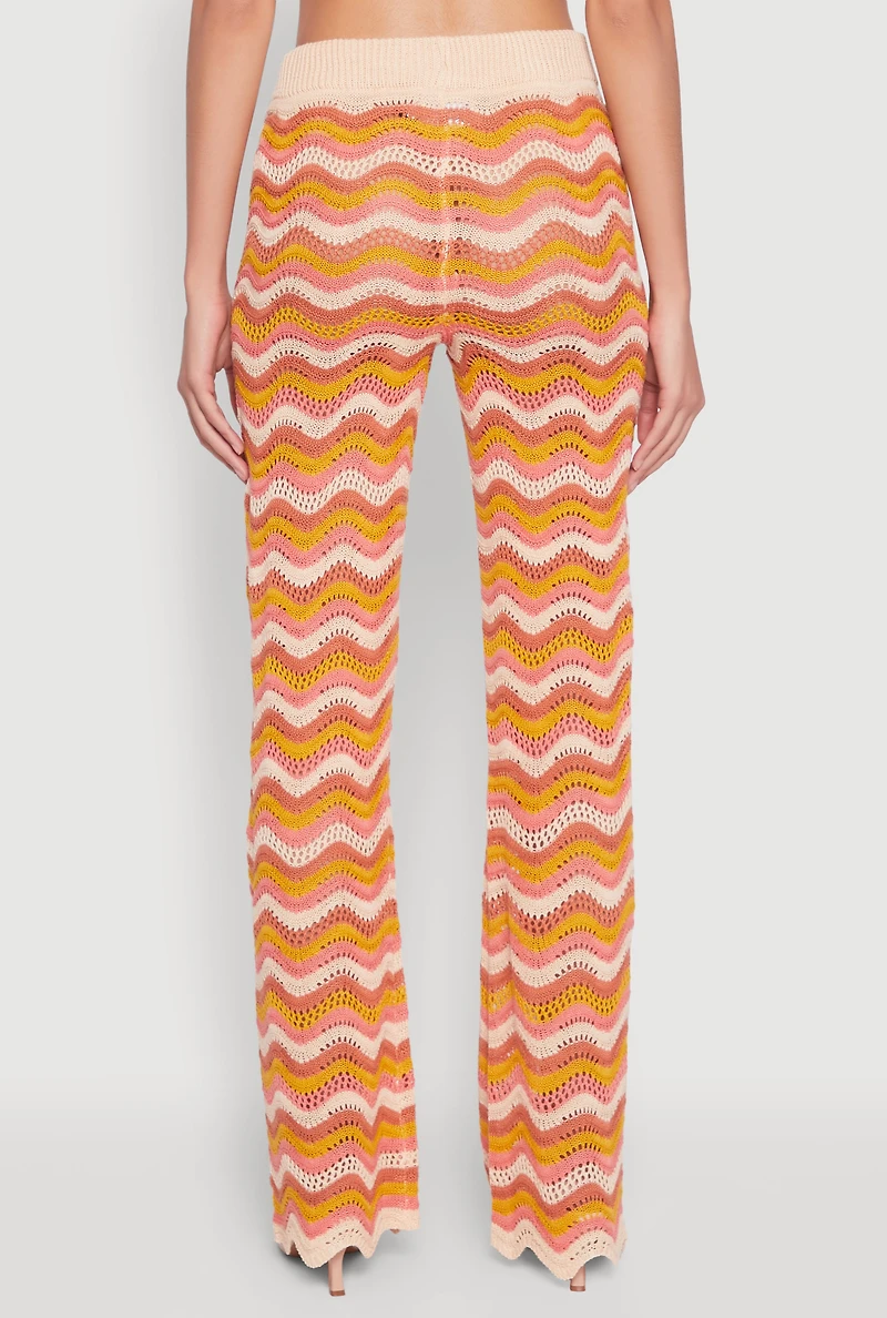 Womens Wavy Striped Crochet Pants, Orange, Size L