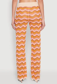 Womens Wavy Striped Crochet Pants, Orange, Size L