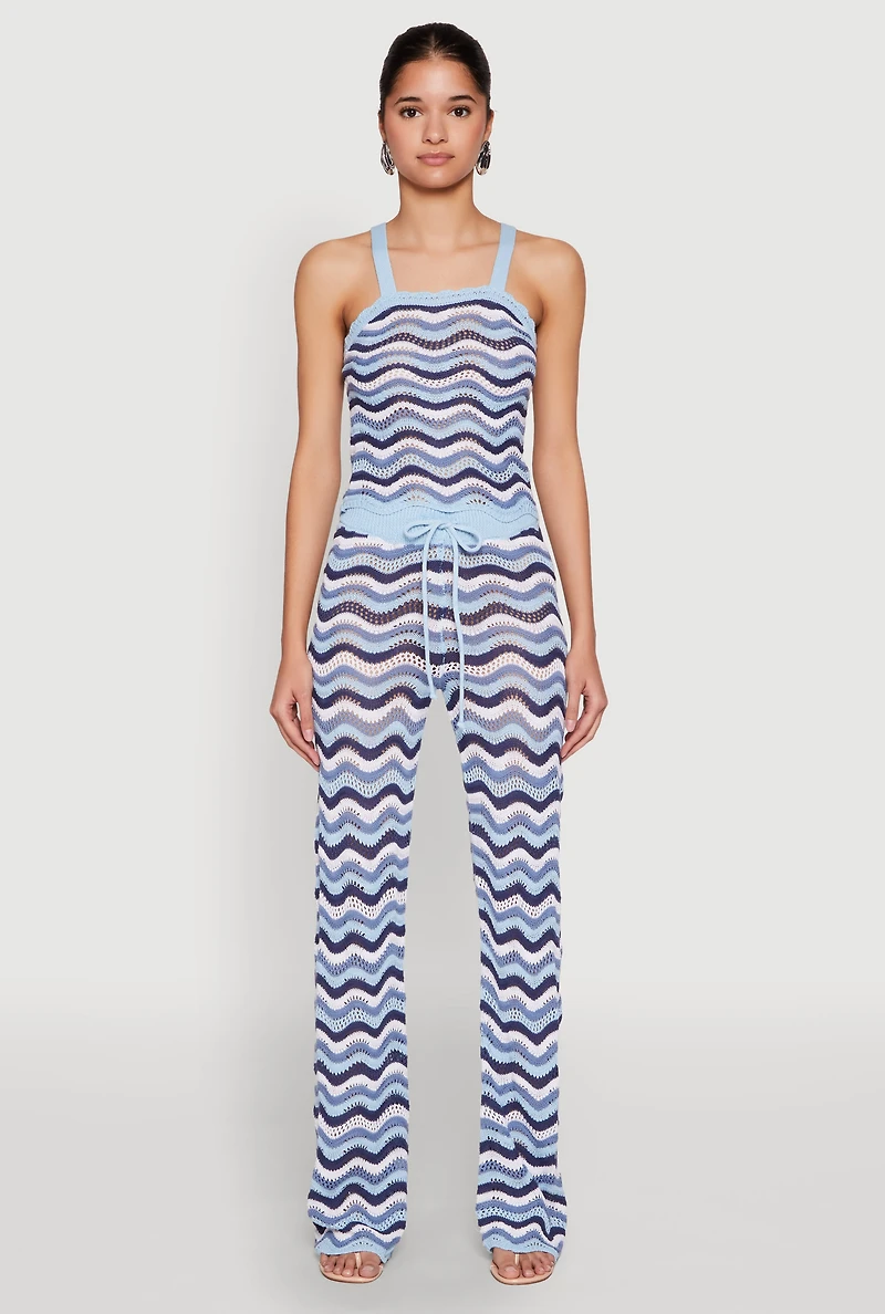 Womens Wavy Striped Crochet Pants, Blue, Size M