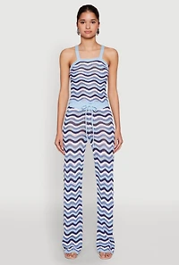 Womens Wavy Striped Crochet Pants, Blue, Size M