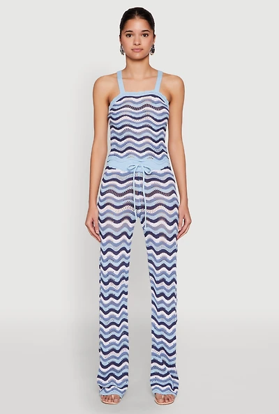 Womens Wavy Striped Crochet Pants, Blue, Size S