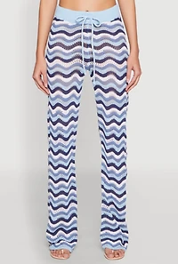 Womens Wavy Striped Crochet Pants, Blue, Size M