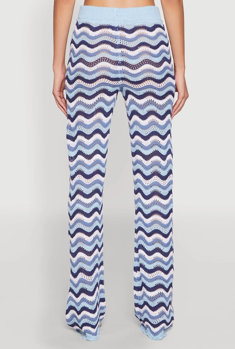 Womens Wavy Striped Crochet Pants, Blue, Size M