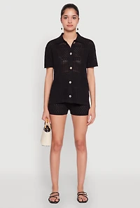 Womens Pointelle Crochet Drawstring Shorts, Black,