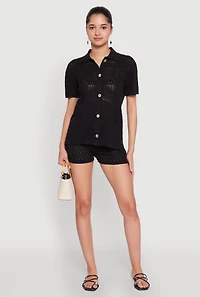 Womens Pointelle Crochet Drawstring Shorts, Black, Size M