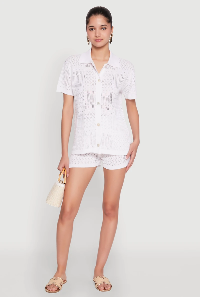 Womens Pointelle Crochet Drawstring Shorts, White, Size L