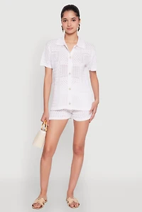 Womens Pointelle Crochet Drawstring Shorts, White, Size L