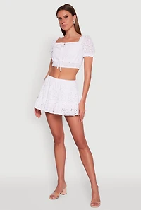 Womens Trendy High Waisted Eyelet Tiered Mini Skirt, White,