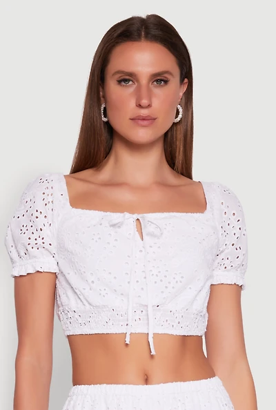 Womens Chic Eyelet Puff Sleeve Crop Top, White, Size L