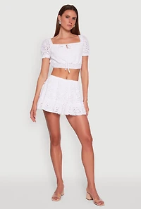 Womens Chic Eyelet Puff Sleeve Crop Top, White,
