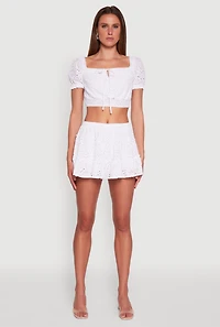 Womens Chic Eyelet Puff Sleeve Crop Top, White,
