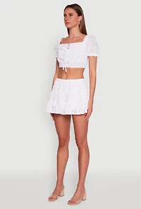 Womens Chic Eyelet Puff Sleeve Crop Top, White, Size L