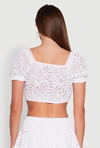 Womens Chic Eyelet Puff Sleeve Crop Top, White, Size L