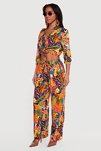 Abstract Floral Leaf Print Tie Front Crop Top