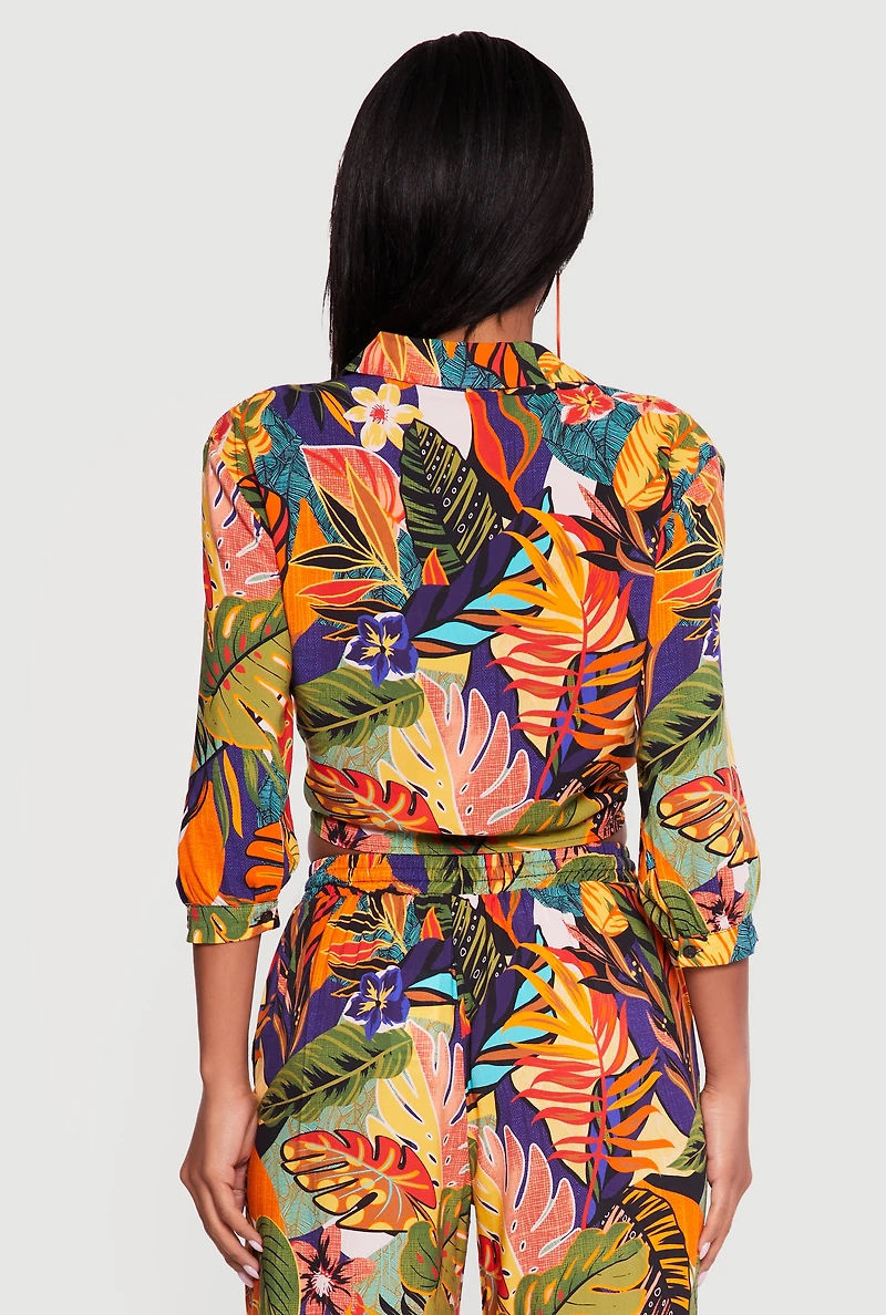 Abstract Floral Leaf Print Tie Front Crop Top