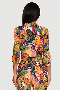 Abstract Floral Leaf Print Tie Front Crop Top