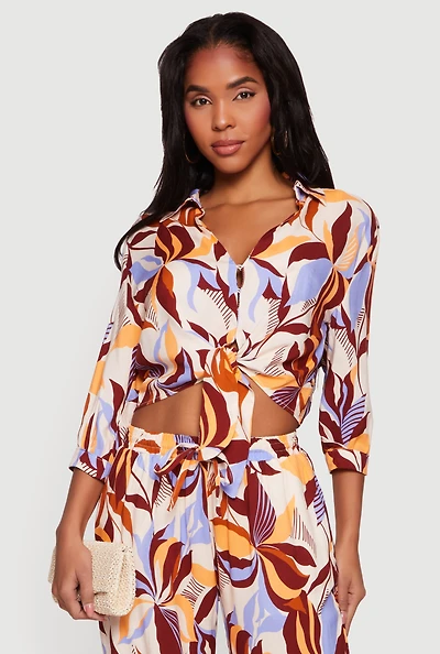Abstract Floral Cropped Tie Front Shirt