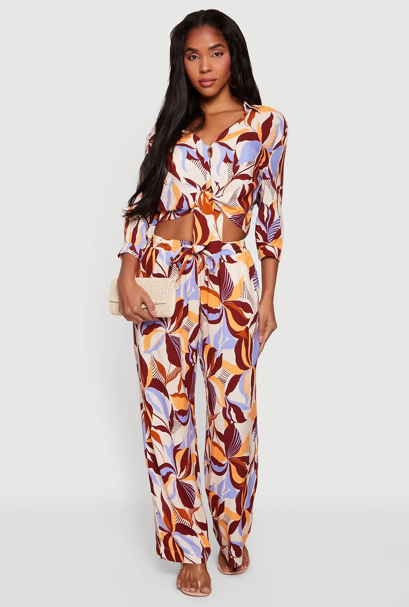 Abstract Floral Cropped Tie Front Shirt