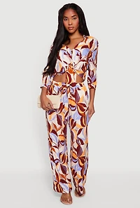 Abstract Floral Cropped Tie Front Shirt