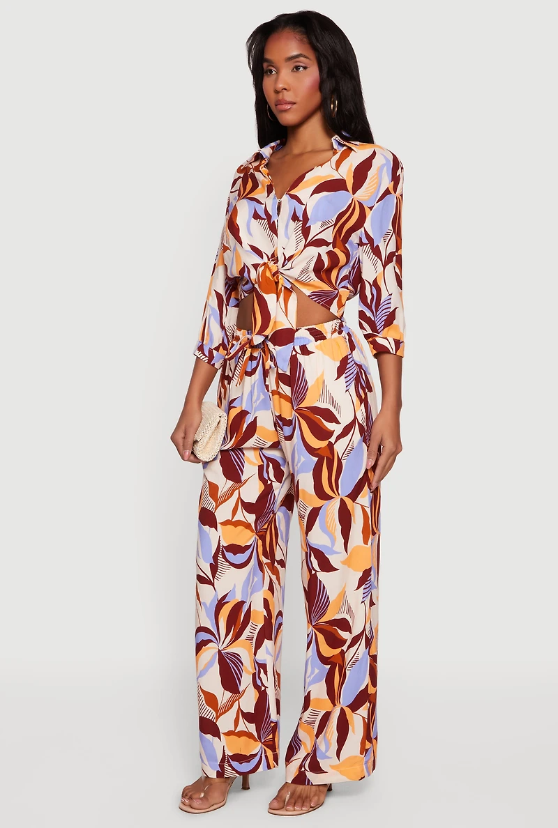 Abstract Floral Cropped Tie Front Shirt