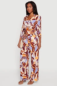Abstract Floral Cropped Tie Front Shirt
