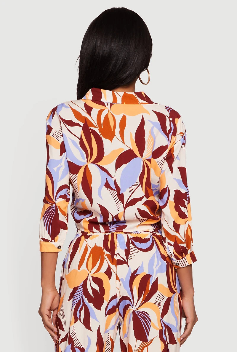 Abstract Floral Cropped Tie Front Shirt