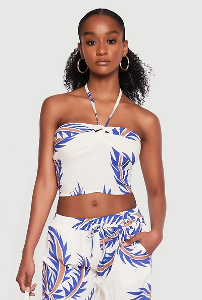 Abstract Palm Leaf Print Halter Crop Top