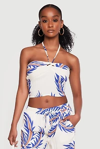 Abstract Palm Leaf Print Halter Crop Top