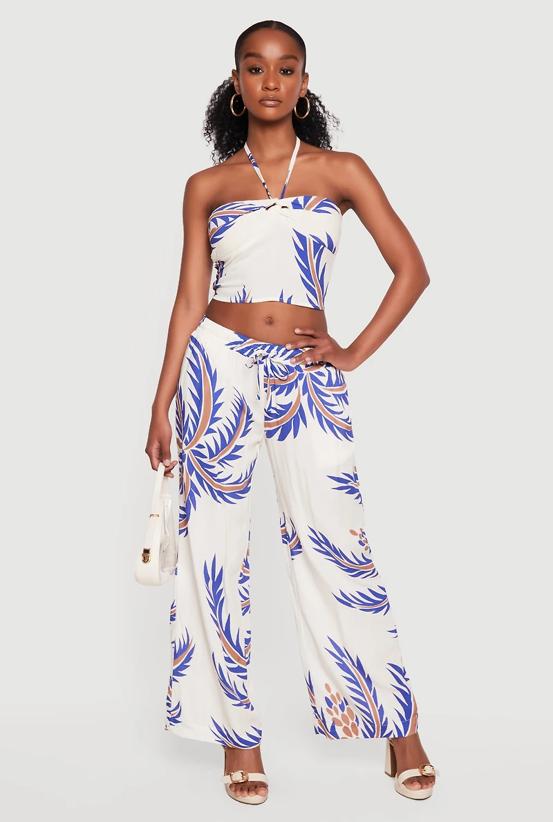 Abstract Palm Leaf Print Halter Crop Top